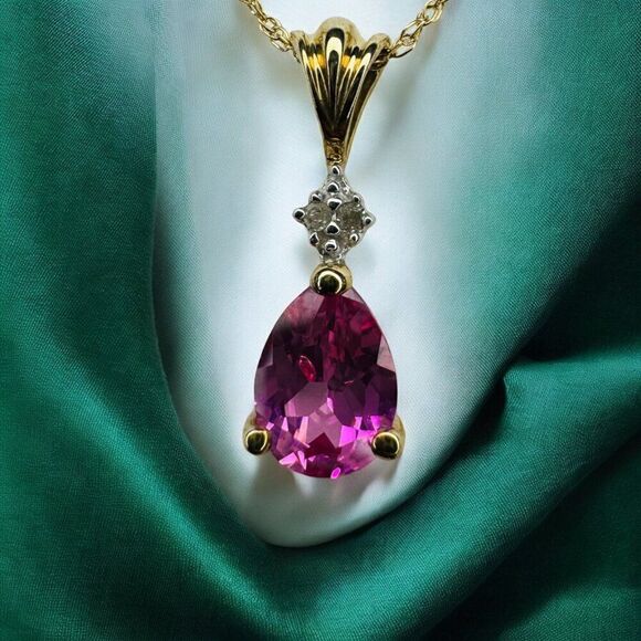 VINTAGE- 10K Gold -Pink Sapphire Diamond Necklace-18"- 1.5cttw - Pear Cut -1.1g - Picture 14 of 16